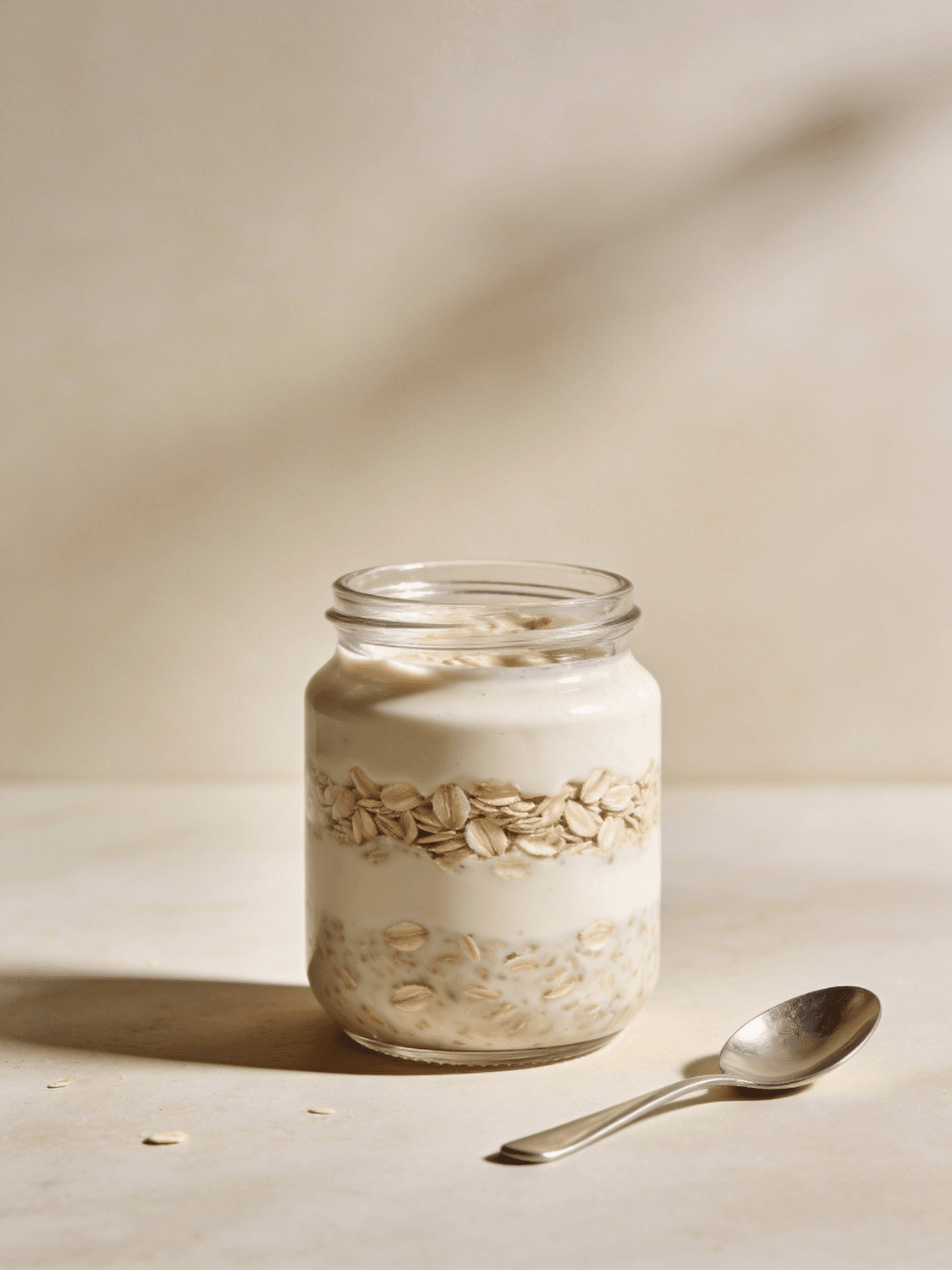 A glass jar of layered oats and yoghurt with a spoon beside it