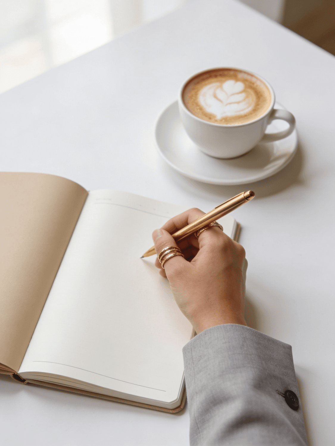 A hand writing in an open notebook beside a cup of coffee