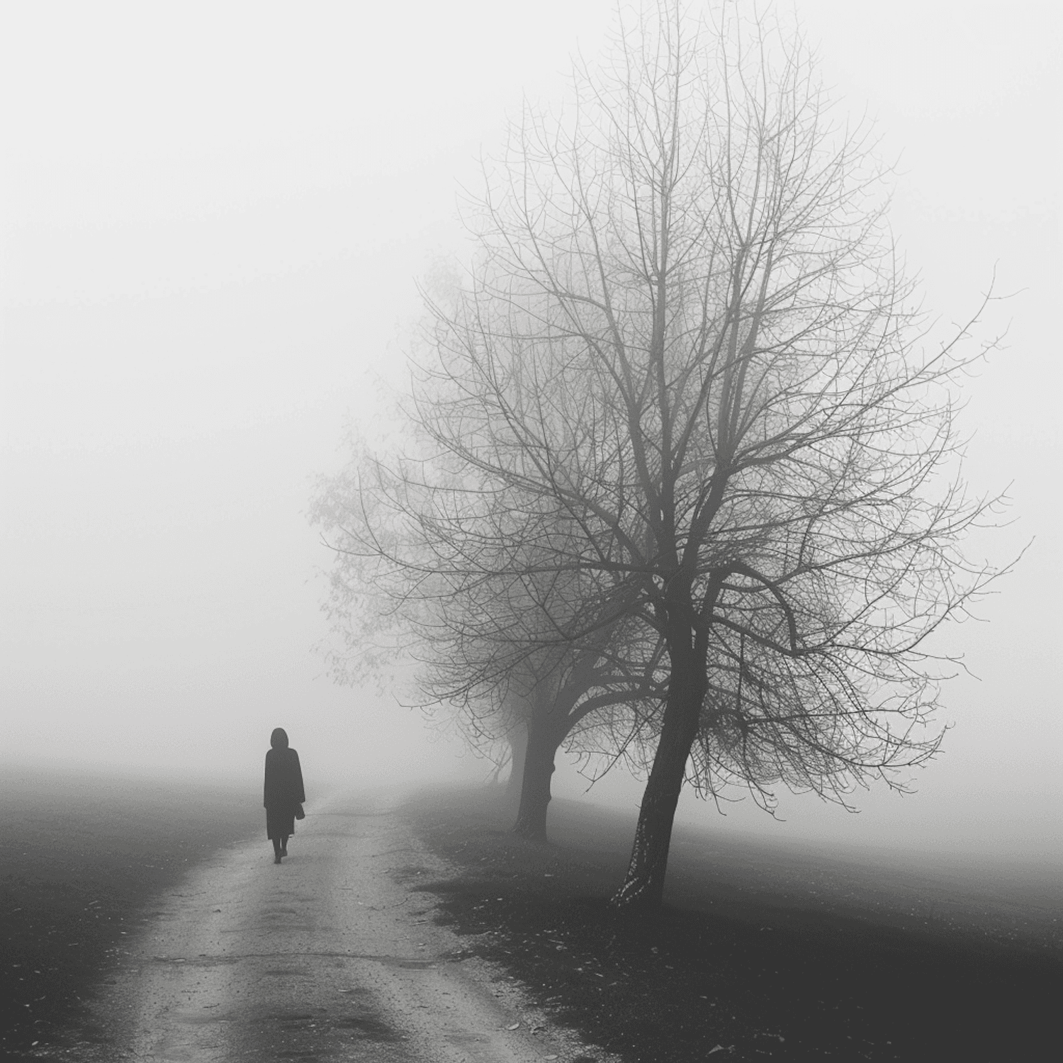 A person walking alone along a quiet, misty tree-lined path